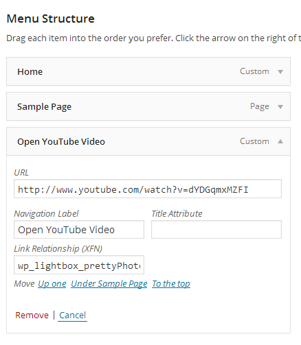 screenshot showing how to configure a rel attribute in the wordpress menu link