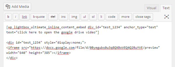 screenshot showing how to embed a google drive video in wordpress