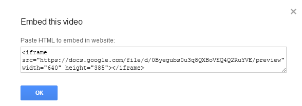 screenshot showing the HTML embed code for the Google drive video