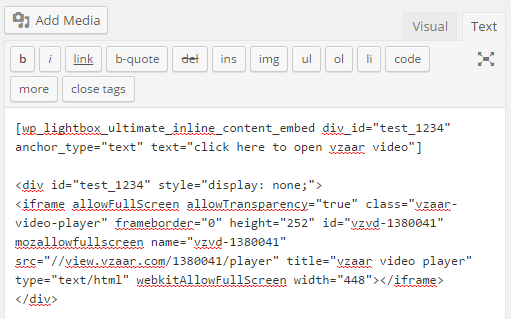 screenshot showing how to embed a vzaar video in wordpress